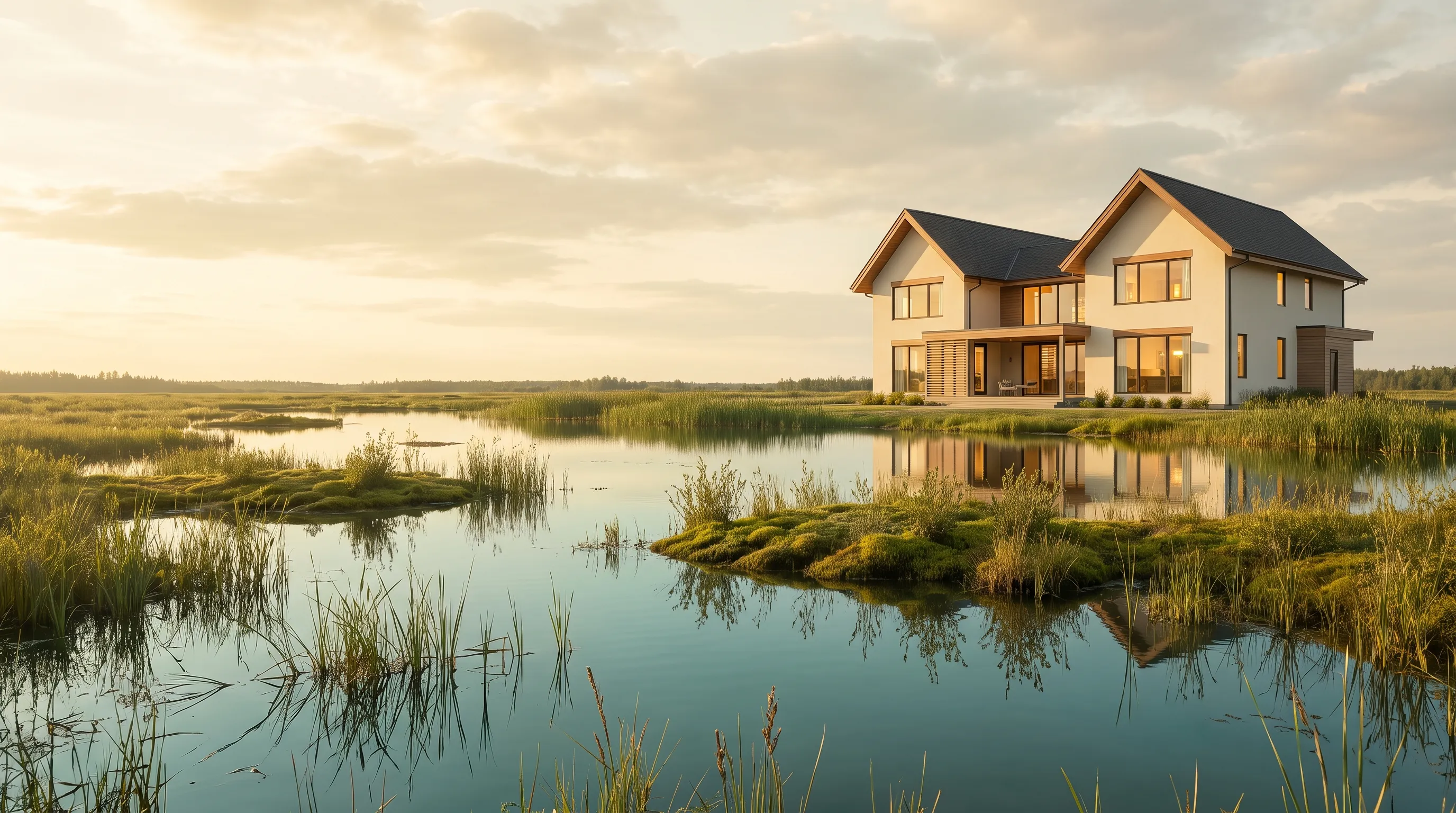 Illustrative fen wetland and home reflected in still water at golden hour