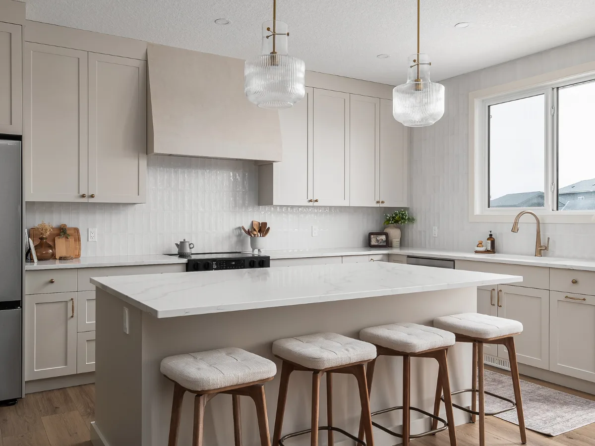 Fern kitchen with bronze fixtures, pale cabinetry and a Venetian plaster range hood